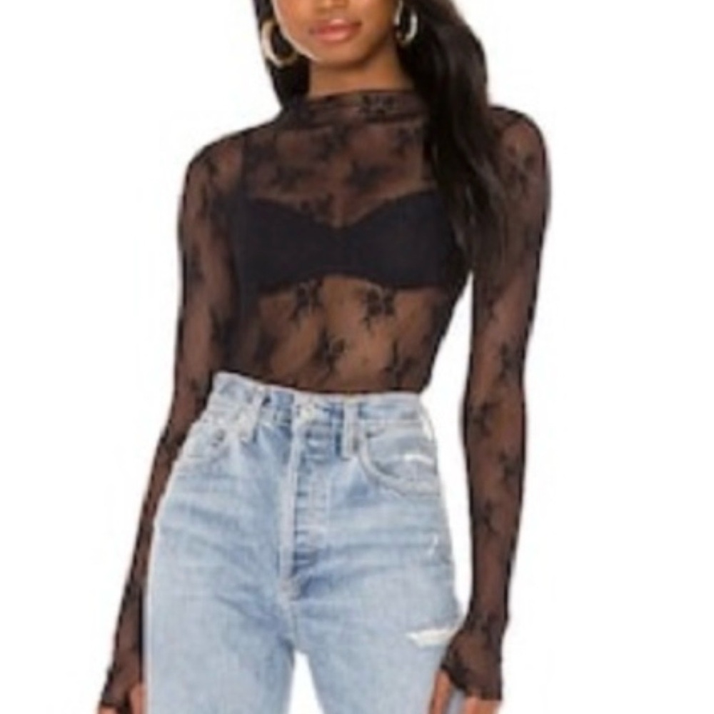Free People Black Sheer Lace Bodysuit